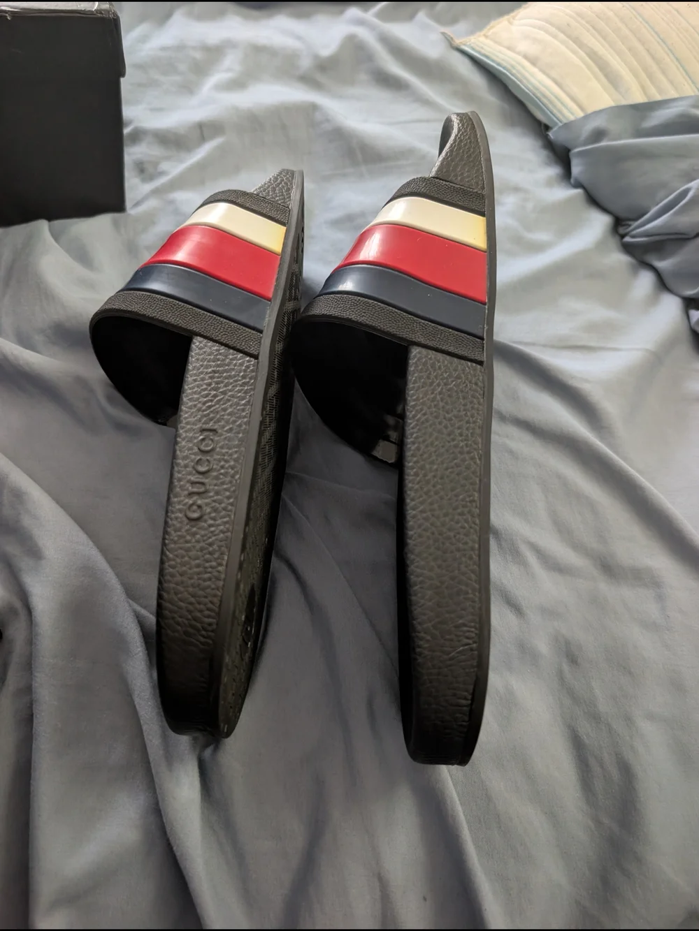 Gucci Men’s Black Slide Sandals with Red White And Blue Stripe